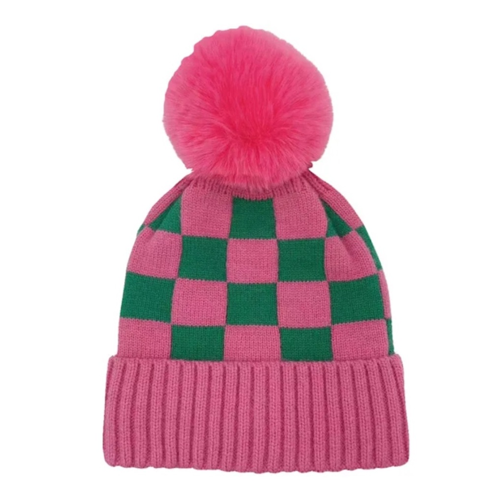 Pink and Green Beanie Pom Hat for Women